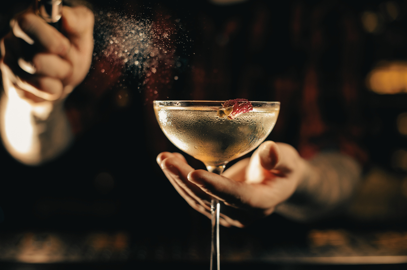 Coupe glass with smoky garnish, served by hand